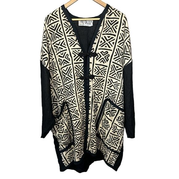 FIXSUN CASUAL Women's Linen Tribal Print Oversized Jacket Black/Cream One Size - Picture 1 of 12